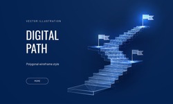 The concept of the path to success on a blue background. Staircase up in a futuristic polygonal style. Digital path abstract vector illustration