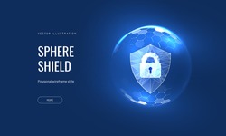 Cyber security, shield lock in futuristic polygonal style. Concept of internet privacy or cyber protection on the background of the world map. 3d vector illustration