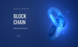 Blockchain technology in a futuristic polygonal style. Cryptocurrency development concept on blue background. Abstract vector illustration of a chain block