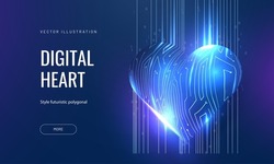 Digital heart glows in a futuristic style. 3d model with a board texture, a postcard as a symbol of love for the holidays of Valentine's Day