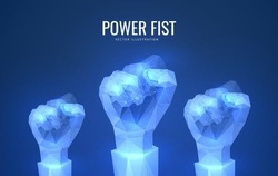 Fist as a symbol of victory and revolution in a futuristic polygonal style on a blue background. Poster for protests or uniting people with a leader. Vector illustration of a glowing 3d hand model