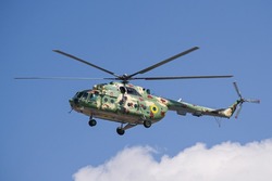 Ukrainian military helicopter taking off on an airshow