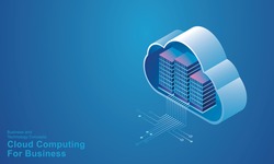 Computer technology server room digital device Isometric concept Cloud storage communication with the network Online devices uploads download information data in a database on cloud services  vector