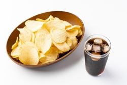 Potato chip and Coke on white background.