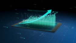 Stock market growth, financial success results monitored on a tablet or phone, numbers and arrows. 3D close up view, 4K 30fps.