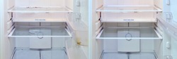 Cleaning a dirty refrigerator before and after fixing the problem. Clean kitchen appliances before and after washing and cleaning.