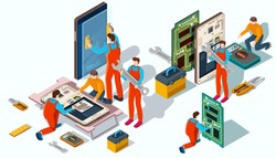 Workshop on repair of phones. People in workwear repair electronics and gadgets with special tools. Vector isometric illustration.