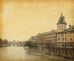 The Seine near the Pont Neuf,  Paris, France. Photo in retro style. Paper texture.