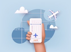 Online ticket concept. Buying tickets with smartphone. Traveling on airplane, planning a summer vacation, tourism. 3D Vector Illustrations. 