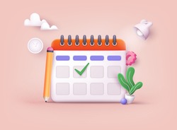 Calendar icon with check sign. 3D Web Vector Illustrations.