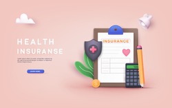 Health Insurance Contract. Health insurance concept. 3D Web Vector Illustrations.