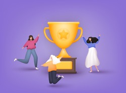People Characters with Prize, Golden Cup. Business Team Success, Achievement Concept. 3D Web Vector Illustrations. 