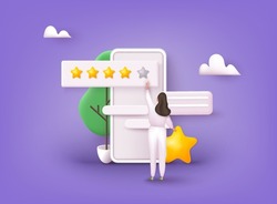 Characters Giving Five Star Feedback. Vector customer review concepts. Reviews stars with good and bad rate and text. 3D Web Vector Illustrations.