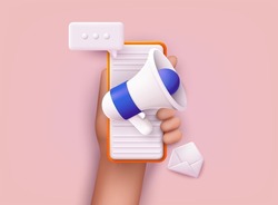 Megaphone on screen mobile phone. Marketing time concept. 3D Vector Illustrations.