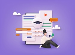 Online education concept. Application learning. E-learning pages. 3D Vector Illustrations.