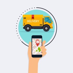 Hand holding mobile smart phone with app delivery tracking. Vector modern flat creative info graphics design on  application. 