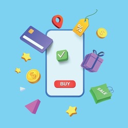 Online shopping 3D Illustration, Online payment and e-commerce concept with floating elements. sale banner, gift box, discount, shopping card, credit card and mobile smart phone