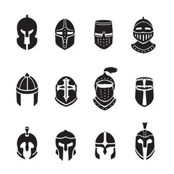Warrior helmets black icons or logos set. Knight armor, vector illustration