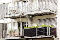 Solar panels on Balcony of  Building. Modern Balcony Apartment with Solar panel.