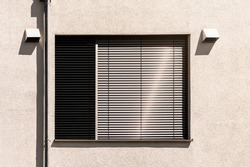 Blinds Outside Window. Modern External Shutters of Exterior Design Building. Sun Protection Roller Blinds Outdoor Windows.