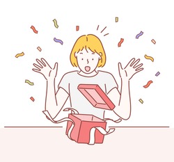 Surprised young woman with open gift box. Hand drawn style vector design illustrations.
