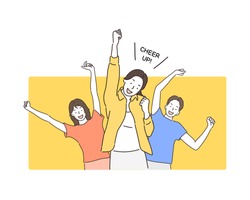 Portrait of cheerful people in basic clothing smiling and clenching fists like winners or happy people isolated over yellow background. Hand drawn style vector design illustrations.