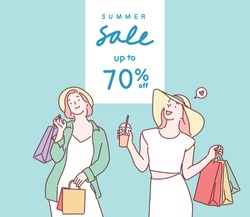 Happy young women in summer clothes holding shopping bags. Hand drawn style vector design illustrations.