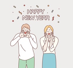 Happy new year. Hand drawn style vector design illustrations.