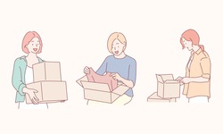 people, delivery, shipping and postal service concept - happy young women opening cardboard box or parcel. Hand drawn style vector design illustrations.