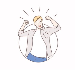 Happy and excited young business man celebrating victory expressing success, power, energy and positive emotions.  Hand drawn style vector design illustrations.