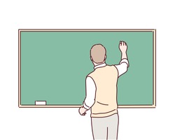 Man in suit drawing something on chalkboard. Hand drawn style vector design illustrations.