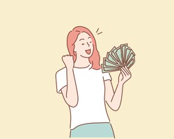 Portrait of a cheerful young woman holding money banknotes and celebrating isolated over yellow background. Hand drawn style vector design illustrations.