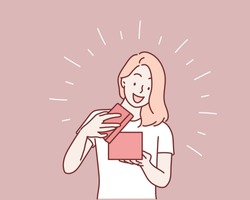 Happy young woman opening a  present box. Hand drawn style vector design illustrations.