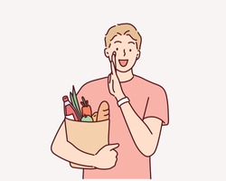 young man holding grocery bag . Hand drawn style vector design illustrations.