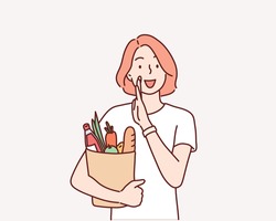 young woman holding grocery bag . Hand drawn style vector design illustrations.