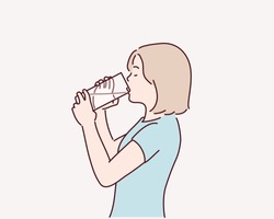 Woman drinking a fresh glass of water. Hand drawn style vector design illustrations.