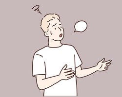 man with incredulous look is talking about a problem using gestures. Hand drawn style vector design illustrations.