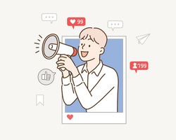  internet advertisement. Hands holding smartphone with a man shouting in loud speaker. Influencer marketing, social media or network promotion,Hand drawn style vector design illustration.