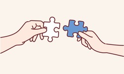 The man and woman holds in hand a jigsaw puzzle. Business solutions, success and strategy concept. Hand drawn style vector design illustrations.