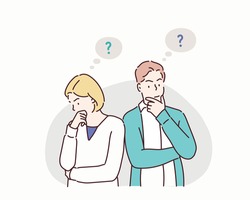 Young troubled couple. Confused woman and man thinking together. Hand drawn style vector design illustrations.