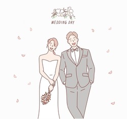 married couple with floral decoration icon. Hand drawn style vector design illustrations.