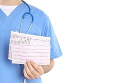 Intern doctor holding cardiogram, isolated on white background