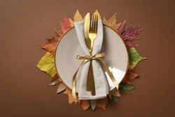 Concept of Thanksgiving day, Autumn table setting, top view
