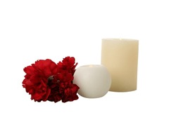 PNG, mourning candles with flowers, isolated on white background.