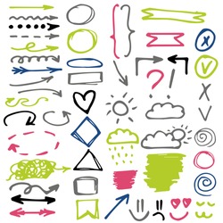 Set of colorful hand draw elements for social media. Isolated arrows, circles, squares, smiley, symbols on a white Background. Green, pink, blue, grey, black colors. 
