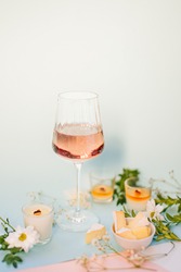 one glass with a rose, rose wine, champagne, holiday, lonely man's lovers day, valentine's day, minimalism, drinks menu, romantic evening, date, feminism, nice glass of wine