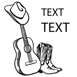 Country music. Acoustic guitar with cowboy hat and boots. Vector graphic hand drawn illustration isolated on white for design or text