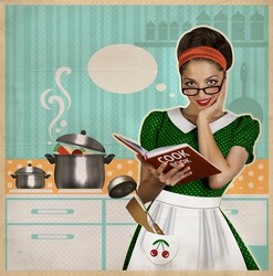 young woman cooks in the kitchen.Retro style poster on old paper for design