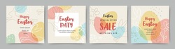 Happy Easter square banners templates. Cute bunny and eggs in pastel colors.Vector backgrounds for social media posts, mobile apps, greeting cards, invitations, banner design and web ads, sale posters