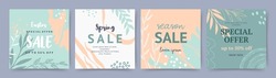 Social media post templates. Sale banners design. Abstract green organic shapes floral background. Vector illustration for web banners, mobile app, internet ads